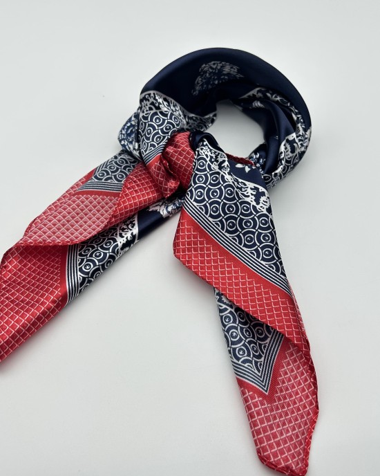 Navy red edge retro small silk scarf